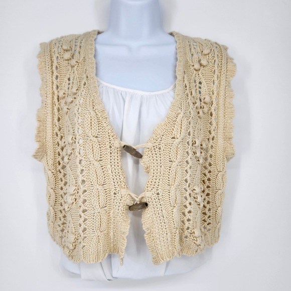Cream Crochet Knit Vest Womens Small Indie Folk Chunky Granola Earthy Boho - Picture 6 of 6
